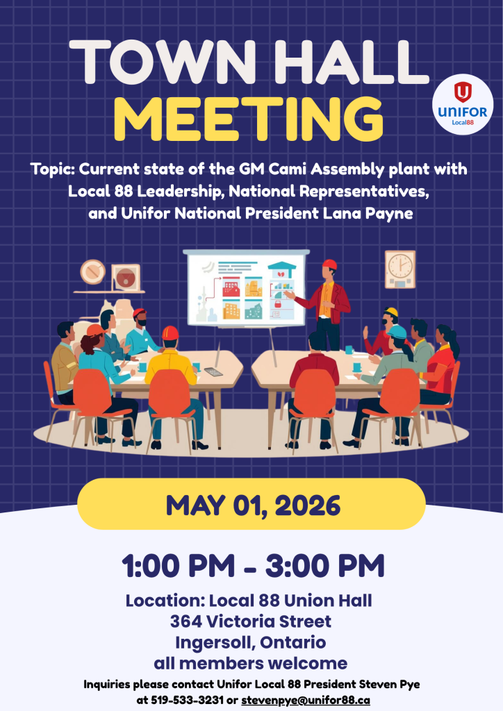 Inviting members to a town hall meeting at the local union hall May 1, 2026 1-3pm